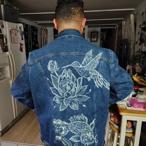 Men's Blue Denim Jacket with Artistic Design